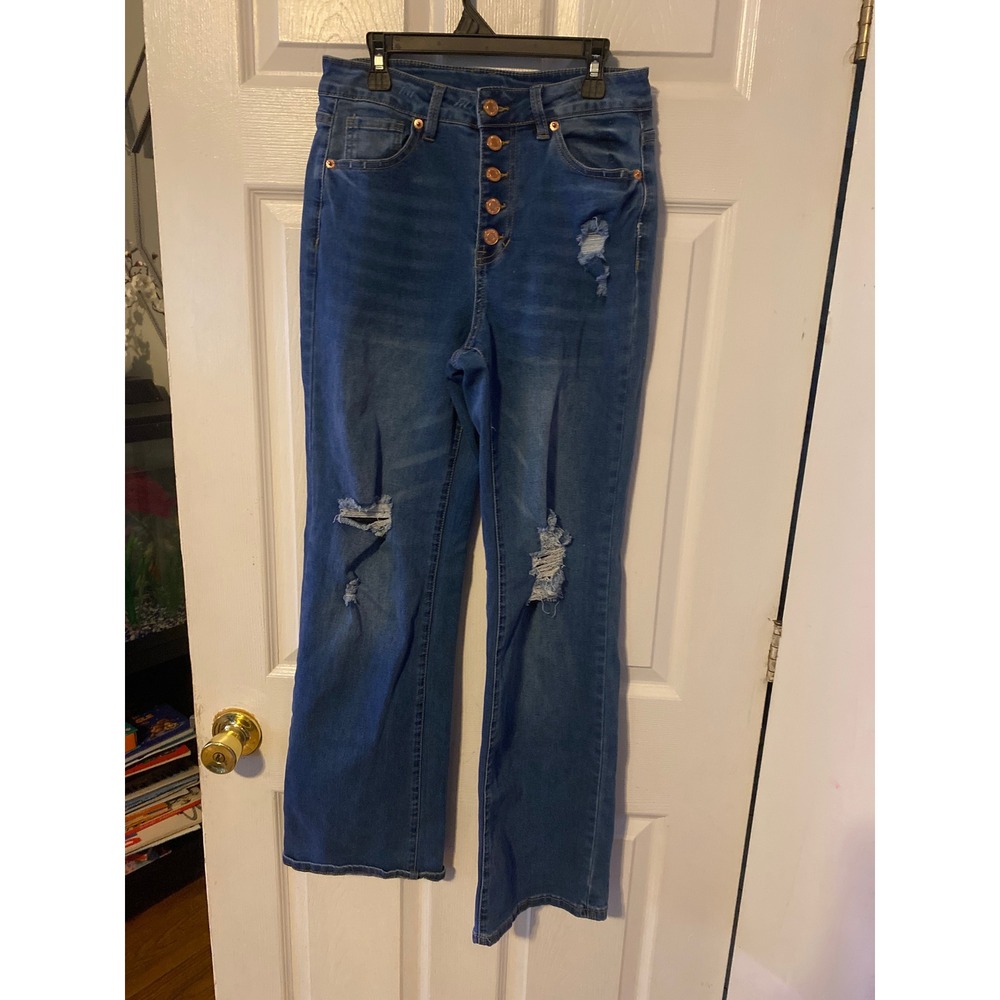 Fashion Wear High Waisted Button Fly Distressed Straight Leg Jeans Medium Wash S